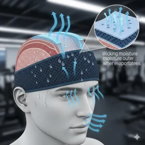 An illustration depicting how the cooling headband wicks away perspiration, keeping the user dry and comfortable during a strenuous workout.