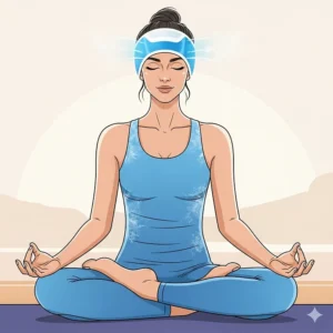 A stylized illustration of someone in a yoga pose, wearing a cooling headband to enhance their practice by keeping their head cool.