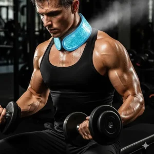 An athlete wearing a cooling neck wrap during a workout, illustrating how these wraps can help reduce body temperature and prevent overheating during intense physical activity.
