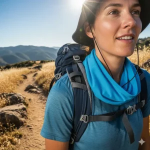 A person wearing a blue cooling neck wrap while hiking on a sunny day, providing a refreshing and comfortable solution for staying cool during outdoor activities.