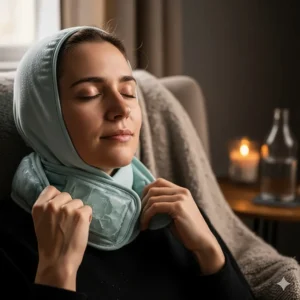 A soothing image of a person applying a cooling neck wrap to their neck and head to help relieve the symptoms of a headache or migraine.