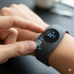 A close-up shot of a hand adjusting the temperature settings on a smart cooling wristband using a simple button interface.