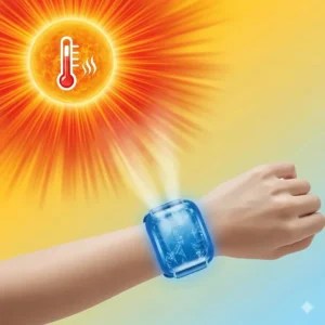 An illustration of a sun with a high temperature icon shows a person's hand wearing a cooling wristband to combat heat fatigue.