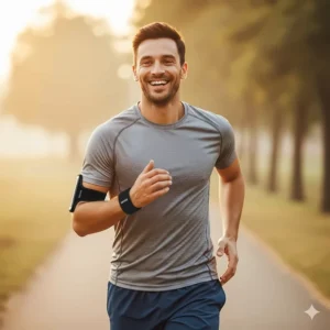 A man on a morning run smiles while wearing a black cooling wristband, illustrating how the device keeps him comfortable during exercise.
