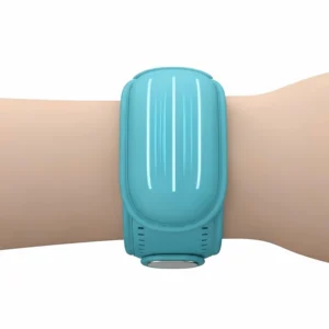 A detailed side-view illustration of the cooling wristband, highlighting its ergonomic design and compact shape.