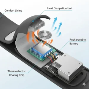A diagram shows the internal technology of a cooling wristband, including its thermoelectric cooling chip and rechargeable battery.