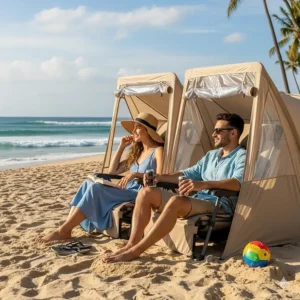 A couple sits side by side in their individual beach chair tents, enjoying a relaxing view of the ocean.