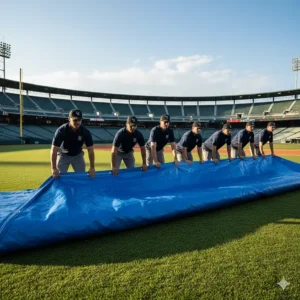 A group of grounds crew members working together to manually roll a large field tarp from the outfield towards the infield.