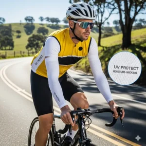 A cyclist riding a bike on a sunny road, with arm sleeves providing essential UV protection. The sleeves are shown to be moisture-wicking for active sports.