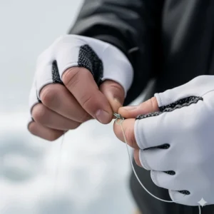 An angler wearing thin, flexible gloves demonstrating the dexterity needed to tie a fishing knot, highlighting the importance of finger movement in ice fishing gloves.