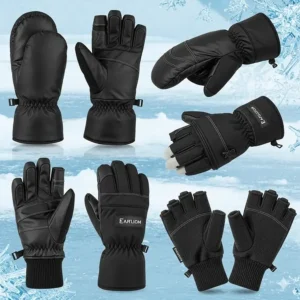 A collage of different styles of ice fishing gloves, including mittens, flip-top gloves, and fingerless options, suitable for various conditions.