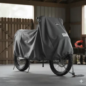 A large bike tarp designed specifically to cover and protect a large dirt bike or motorcycle.