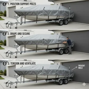 A step-by-step diagram showing how to properly install a boat tarp to prevent water pooling and ensure a tight fit.