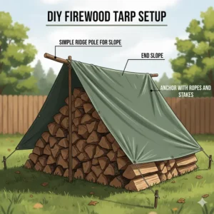 An illustration of a do-it-yourself firewood tarp setup using a simple ridge pole and ropes to create a tent-like structure over the wood pile.