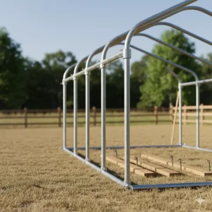 Close-up shot showing the sturdy metal or PVC carport frame before the tarp cover is attached.