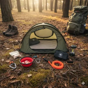 A collection of essential dog camping gear laid out, including a dog-friendly camping tent, a travel water bowl, and a dog first aid kit.