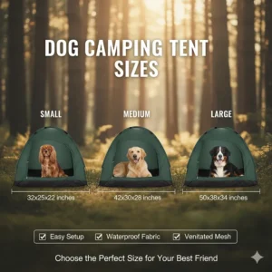A visual size chart comparing small, medium, and large dog camping tents, helping pet owners choose the right size for their dog's breed.