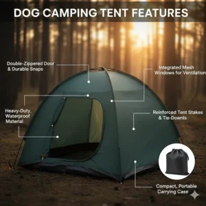 A detailed diagram highlighting key features of the dog camping tent, such as the durable waterproof material, mesh windows for ventilation, and a lightweight carrying case.