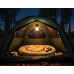The cozy interior of a dog camping tent, complete with a soft pet bed, showing ample space for a medium-sized dog to rest comfortably.