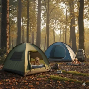 A practical image showing a dog's camping tent correctly positioned next to a human family tent, demonstrating proper campsite arrangement.