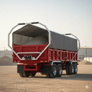 A dump trailer loaded with gravel, completely secured under a tight, correctly sized dump trailer tarp for safe transport and debris prevention.