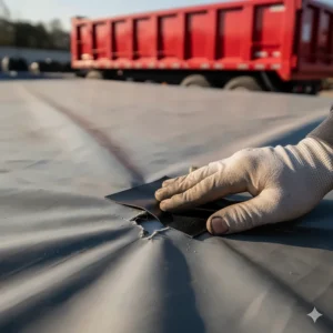A hand applying a heavy-duty vinyl patch or tape to a minor tear in a dump trailer tarp, demonstrating easy maintenance and repair for extended tarp life.