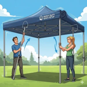 Step-by-step diagram showing the quick and easy setup process of a heavy duty pop up canopy, designed for one or two people.