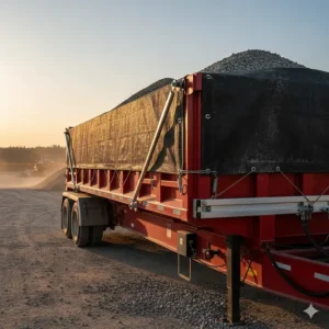 An installed electric dump trailer tarp system with a black mesh tarp fully deployed over a loaded end dump trailer, showcasing ease of use and maximum load containment.