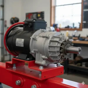 Detailed view of a high-torque electric motor and gearbox, the essential components of an automated dump trailer tarp system.