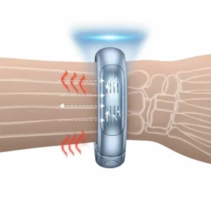 A side-view diagram showing the comfortable and secure fit of a cooling bracelet on a person's wrist, designed for effective heat dissipation during hot flashes.
