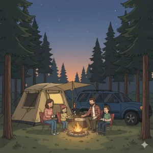 A family roasting marshmallows around a campfire next to their auto tent at dusk.