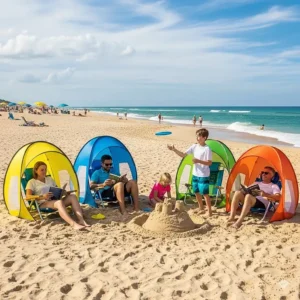 A family enjoys their day at the beach with several beach chair tents set up for individual shade.
