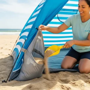 A person demonstrates how to quickly and easily fill a beach tent sand bag with sand.