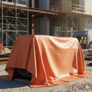 A bright orange, heavy-duty fire resistant tarp protecting sensitive equipment on a job site.