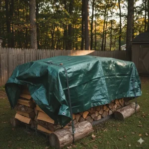 A large, green fire resistant tarp secured over a stack of firewood, providing protection against embers.