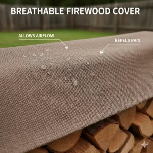 Close-up of a breathable firewood tarp made of woven fabric, highlighting its ability to protect the wood from moisture while allowing air to flow through.