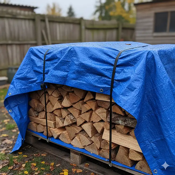 A large, neatly stacked pile of split firewood is completely covered with a heavy-duty, blue polyethylene tarp, secured with bungee cords to protect the wood from rain and snow.