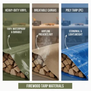A side-by-side comparison of different materials used for firewood tarps, including vinyl, canvas, and polyethylene, with notes on their durability and waterproof properties.