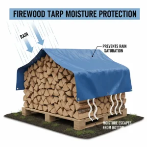 A cross-section diagram showing how a well-placed firewood tarp prevents rain from saturating the logs while moisture is able to escape from the bottom.
