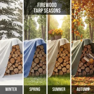 A visual representation of a firewood pile covered with a tarp during different seasons, showing how the cover protects the wood from winter snow and summer rain.