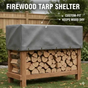 A wooden rack is shown with a custom-fit firewood tarp cover, creating a small, enclosed shelter to keep the logs dry and ready for use.