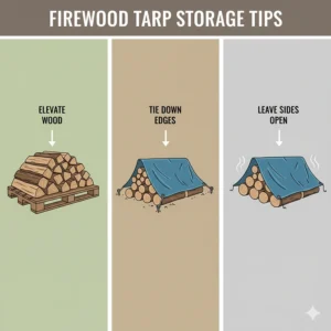 A series of icons or small illustrations depicting helpful tips for using a firewood tarp, such as elevating the wood and tying down the edges.