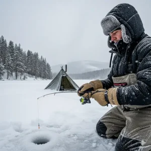A person fishing in a cold, snowy environment, their hands kept warm by insulated fishing gloves.