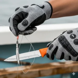 A fisherman wearing special cut-resistant fishing gloves while handling a fishing line and knife.