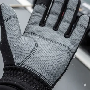 A close-up on the durable, reinforced palm of a fishing glove, showing its quality construction.