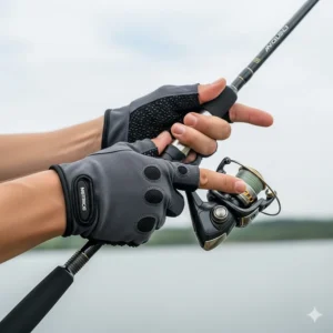 A fisherman demonstrating the excellent grip on a fishing rod while wearing non-slip, fingerless fishing gloves.