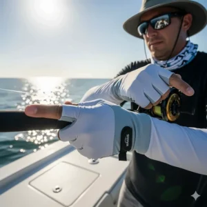 A man on a boat wearing UV-protective fishing gloves, shielding his hands from the sun.