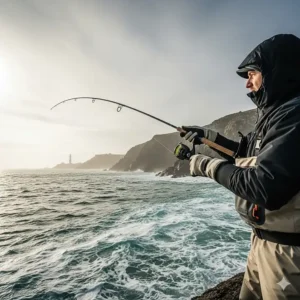 An angler holding a fishing rod, wearing high-performance fishing gloves that provide UPF sun protection for long hours on the water.