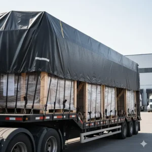 A close-up view of a large, black tarp covering the entire load on a flatbed trailer, showing how it protects goods during transport.