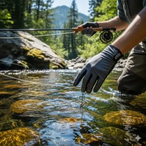A person wading in a stream, wearing thin, flexible fly fishing gloves to maintain dexterity.